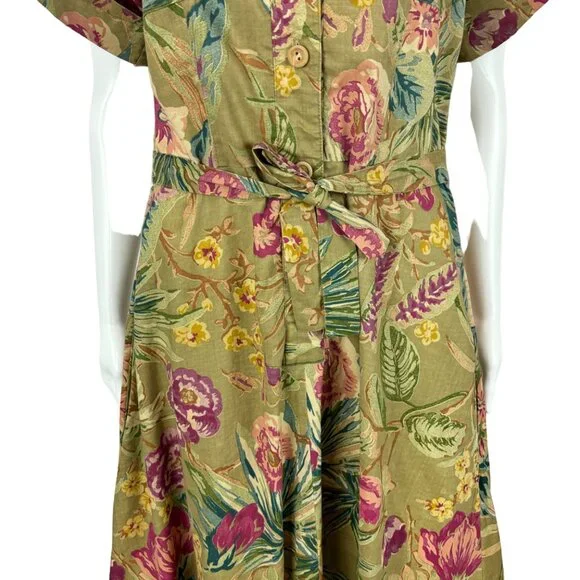 Vintage 70s Safari Dress Women's Medium Olive Hibiscus Floral Tea Length